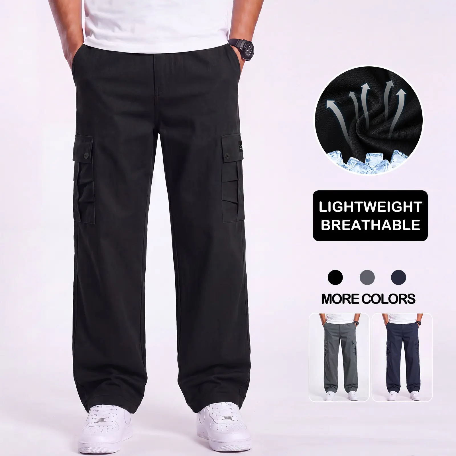 Men’s pure cotton casual pants — multi-pocket cargo pants for men with a premium feel; lightweight yet sturdy cargo style; stretchy and comfortable for everyday wear; suitable for all seasons; loose straight-leg long pants.