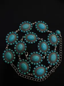 Antique Bronze-Tone Authentic Turquoise Cluster Concho Chain Belt - 014