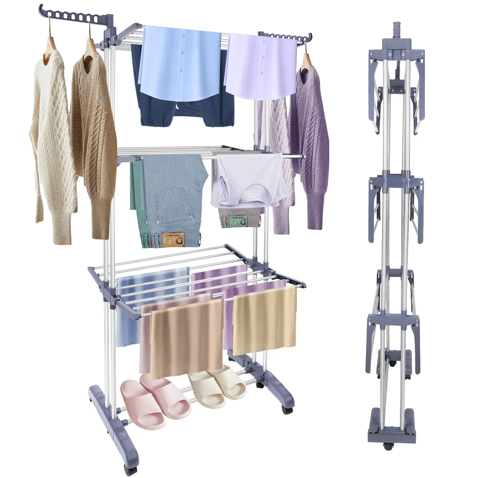 Pheluoca Foldable 4-Tier Oversize Lightweight Home Laundry Drying Rack (70in High) - Thick Metal+ABS Frame, Collapsible Base, 2 Hangable Wings for Clothing/Bed Linen, Pastel Dorm Accessory, 0 - 5 Kg Capacity, Easy Installation, Hanger-Compatible