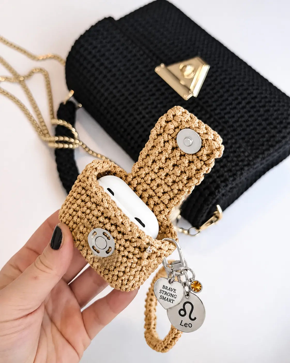 Handmade Crochet Headphone Bag with 3 Stainless Steel Energy Codes, Detachable Metal Chain, Phone Case & Crossbody Bag Charm for Daily Commute and Outdoor Carry