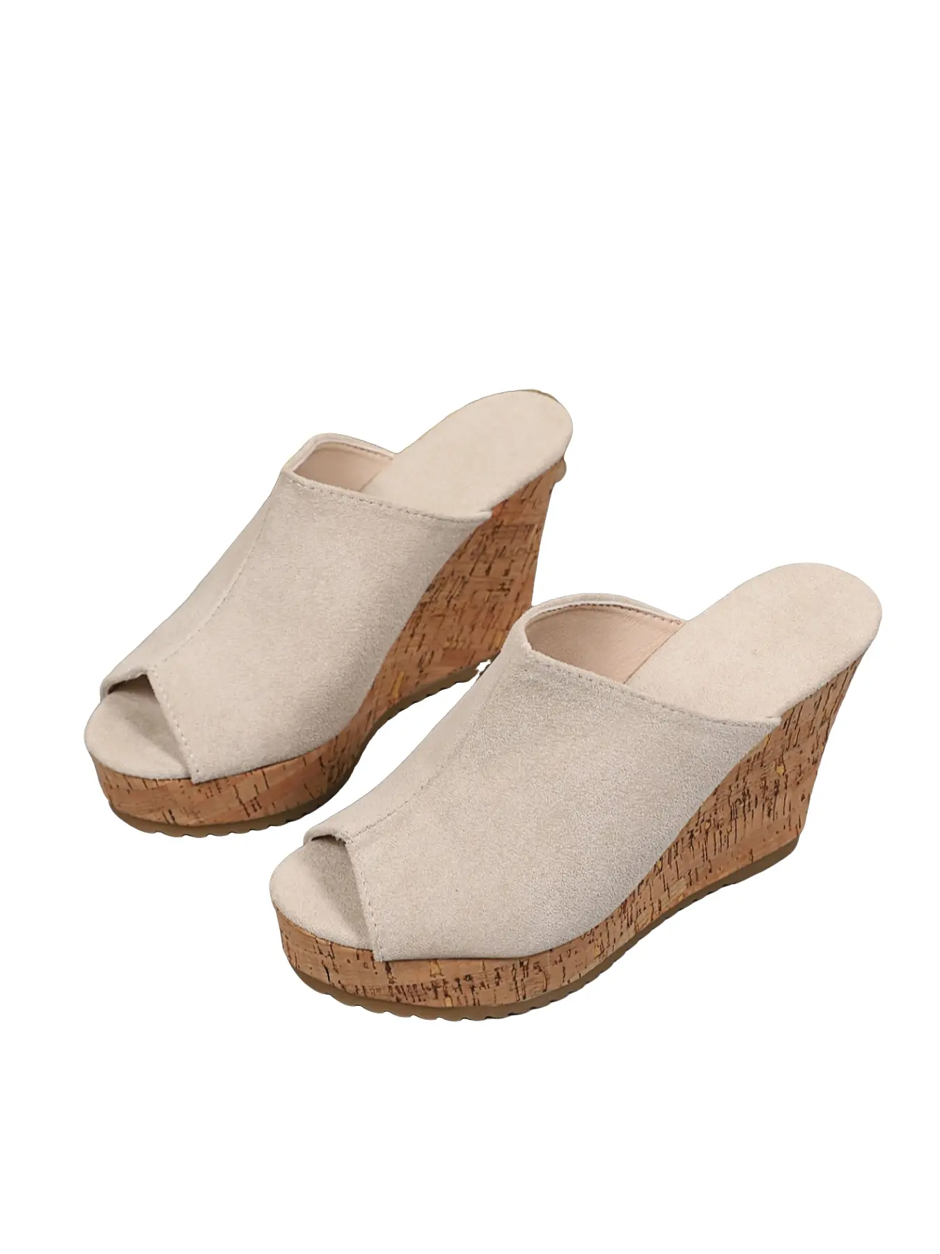 Women's Cork Wedge Mules Peep Toe Suede Slide Sandals Backless Summer Platform Heels