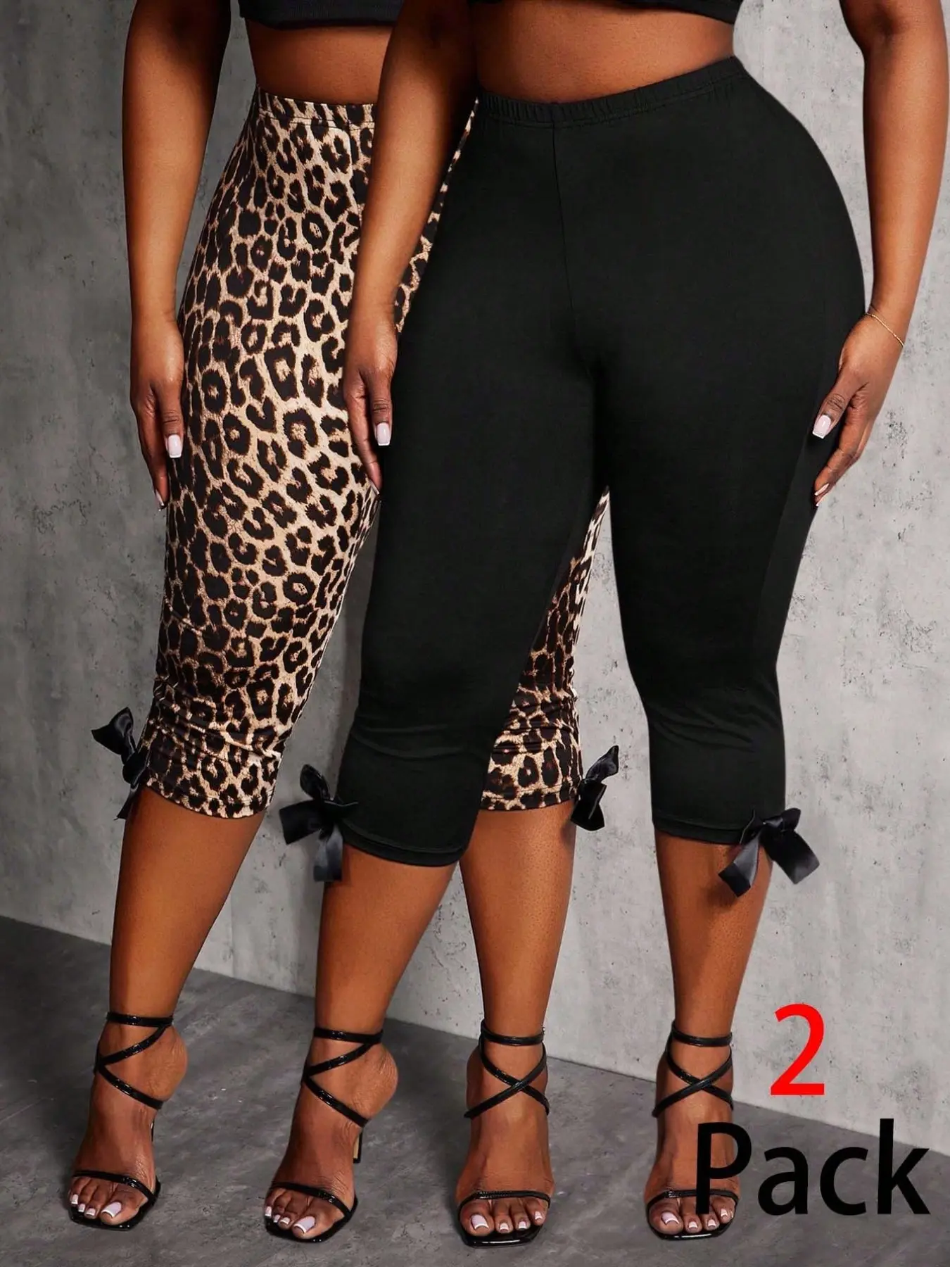 Women's 2-Pack Summer Seven-Quarter Pants, Leopard Print & Butterfly Knots, High-Waisted Elastic Fit, Breathable Fabric, Casual Versatile Style
