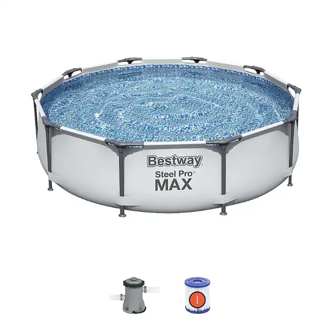 Bestway Steel Pro MAX 10ft x 30in Round Steel Frame Above Ground Outdoor Swimming Pool with 330-gal Filter Pump, Built-In Flow Control Valve, 1,236-gal Capacity for Backyard, Garden Family Use