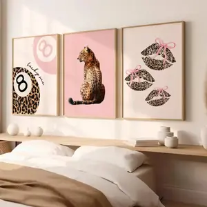 Three-Piece Frameless Bow Lucky 8 Ball Fashion Art Poster, Girls' Room Dopaamine Decor, Indoor Canvas Prints Wall Hanging, Art Wall Decoration