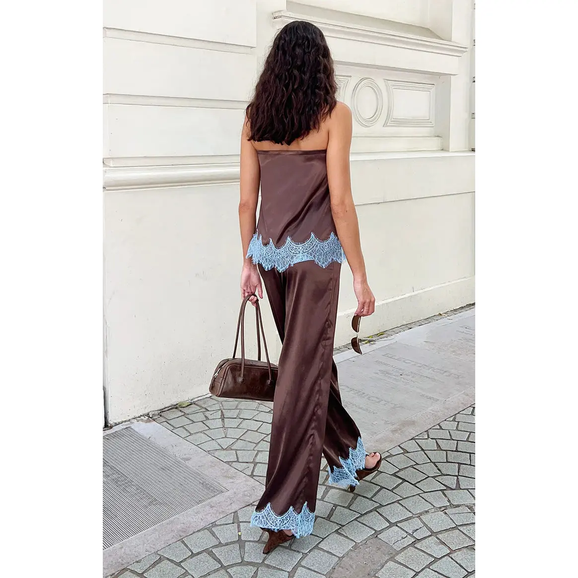 Shirley Lace Trim Brown Satin Pants