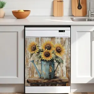 Sunflowers Magnetic Dishwasher Cover 23x26 in,Vintage Wooden Board Decorative Waterproof Dishwasher Door Cover,Refrigerator Panel Sticker for Kitchen Decor