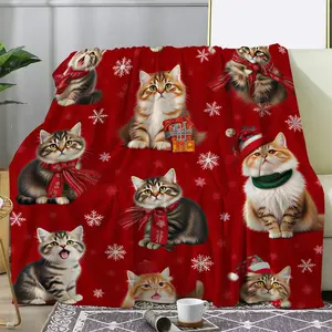 Sdoo Christmas Cat Blanket - Soft Flannel Throw with Cute Santa Hat Kittens, Red Snowflakes - All-Season Cozy Blanket for Co