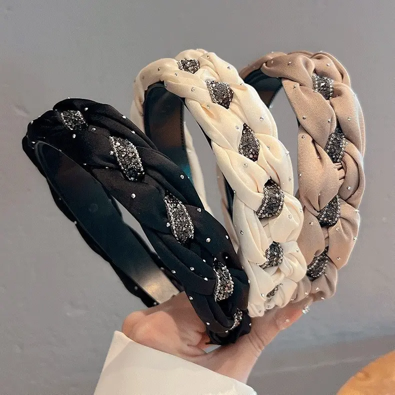 Braided Rhinestone Fabric Headband for Women, Elegant Padded Wide Hair Hoop, Non Slip Heighten Crown Hairband Daily Fashion Hair Accessory