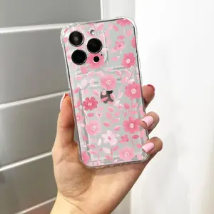 Pink flower pattern card holder iPhone case, wallet shockproof phone case custom name, suitable for iPhone 17/16/15/14/13/12/11/Pro/ProMax/Plus/Air/series, birthday gift, holiday gift, couple phone case