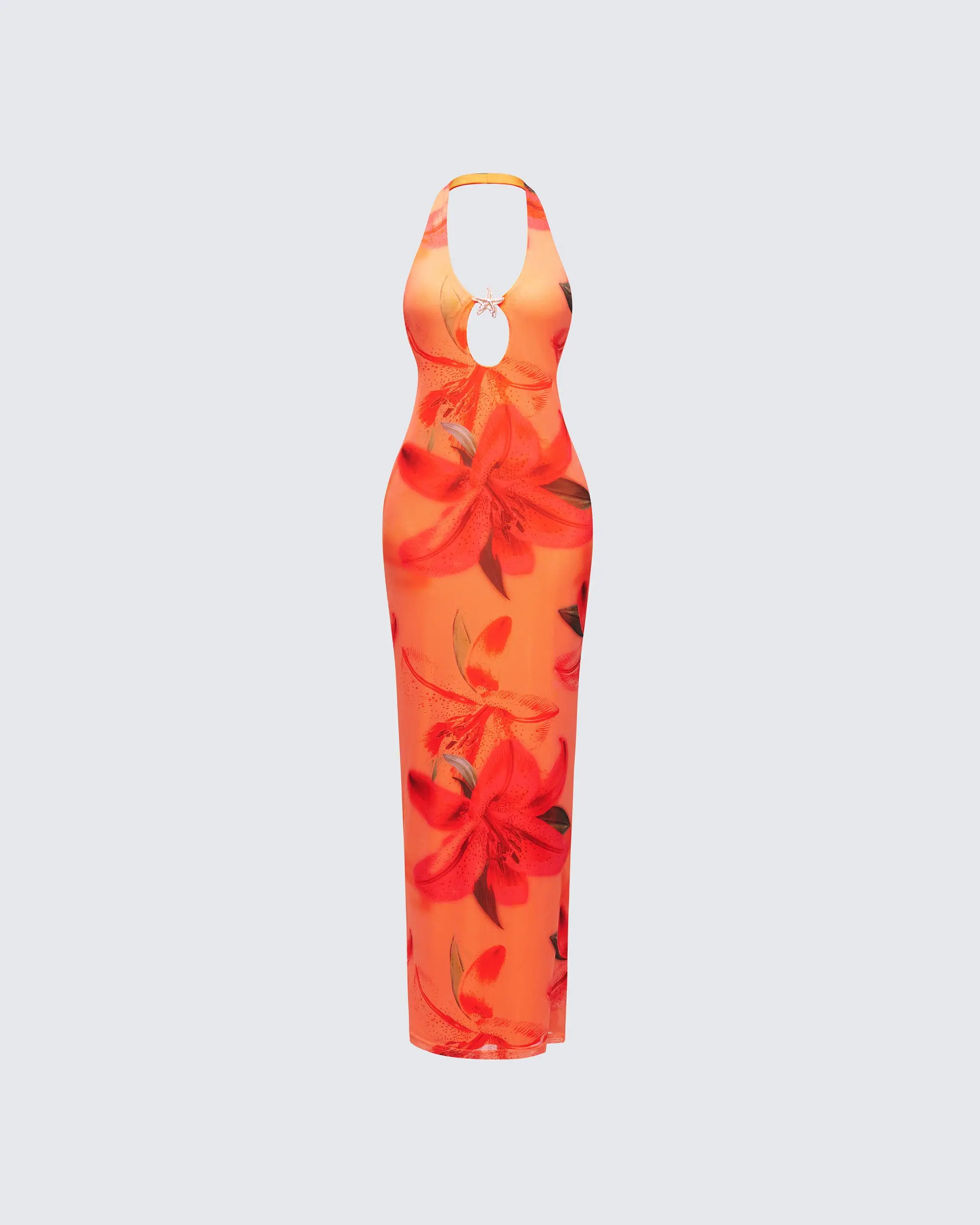 Women's Evana Tropical Polyester Halter Neck Oversized Multi-Printed Mesh Maxi Dress with Keyhole Cutout, 1x Fit (Formal Wear)