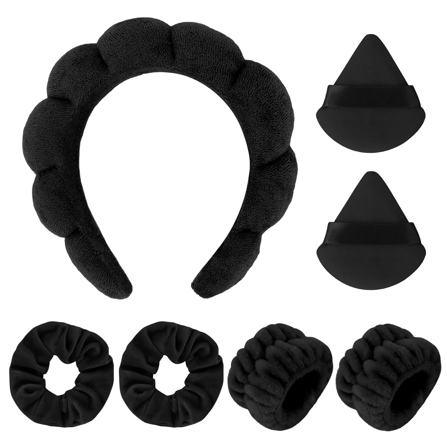 7 count Headband and Wristband Set for Skincare,  Washing, Makeup Removal - Includes Terry Cloth Headbands, Facial Sponges, and  Puffs in Black