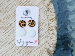 Leopard and Glittered Button Earrings