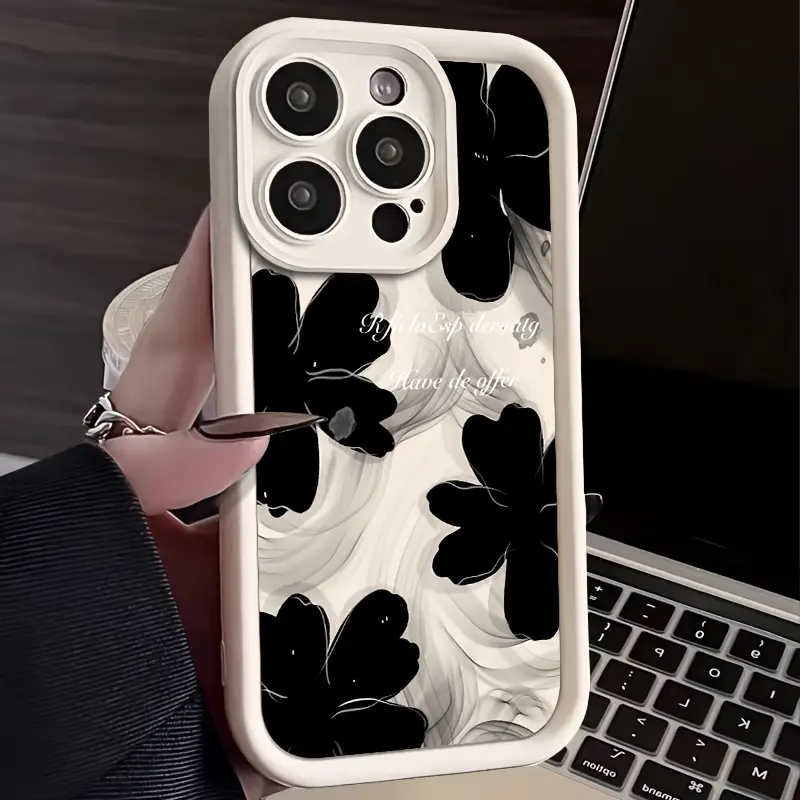 CasePop phone case with oversized black flower silhouettes on a pale marbled background