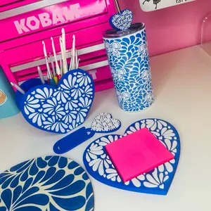 Talavera Desk Organizer Blue Heart Shaped Talavera Print for Stylish Office Organization