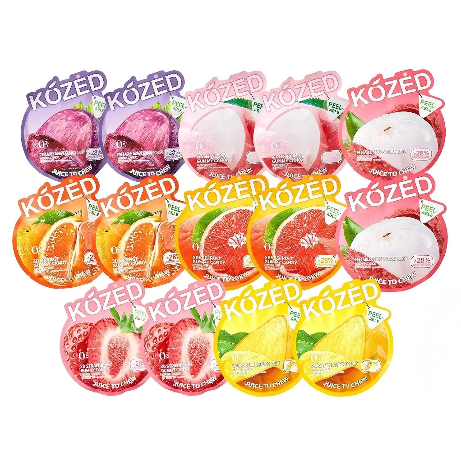 Kozed Peelable Gummy Candy 14 Mixed Flavors Variety Pack, Fun Fruity Role Party Snack, Chewy Sweet Treat with Juicy Flavor,Halal-Certified Holiday Gifts | Peelable chewy gummies, halal certified, 7 flavors, individually wrapped