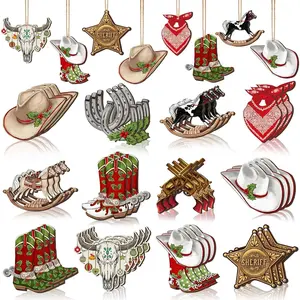 36 count Western Christmas Ornaments Cowboy Xmas Tree Decorations Cowboy Hat Boots Sheriff Badge Christmas Baubles Horse Cattle Wooden Cutouts for Tree  Wreath Party Indoor Decor