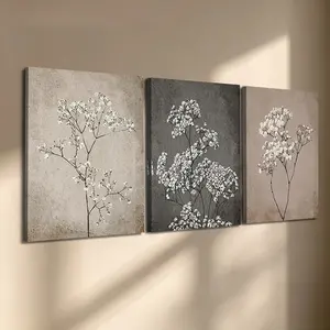 3 Pcs/Set Wooden-Framed Canvas Painting, Vintage Neutral Dried Flower Triptych Canvas Wall Art, Rustic Botanical Print for Living Room, Bedroom, Office Decoration, Modern Home Decor, Fashion Artistic Ornaments, Artwork
