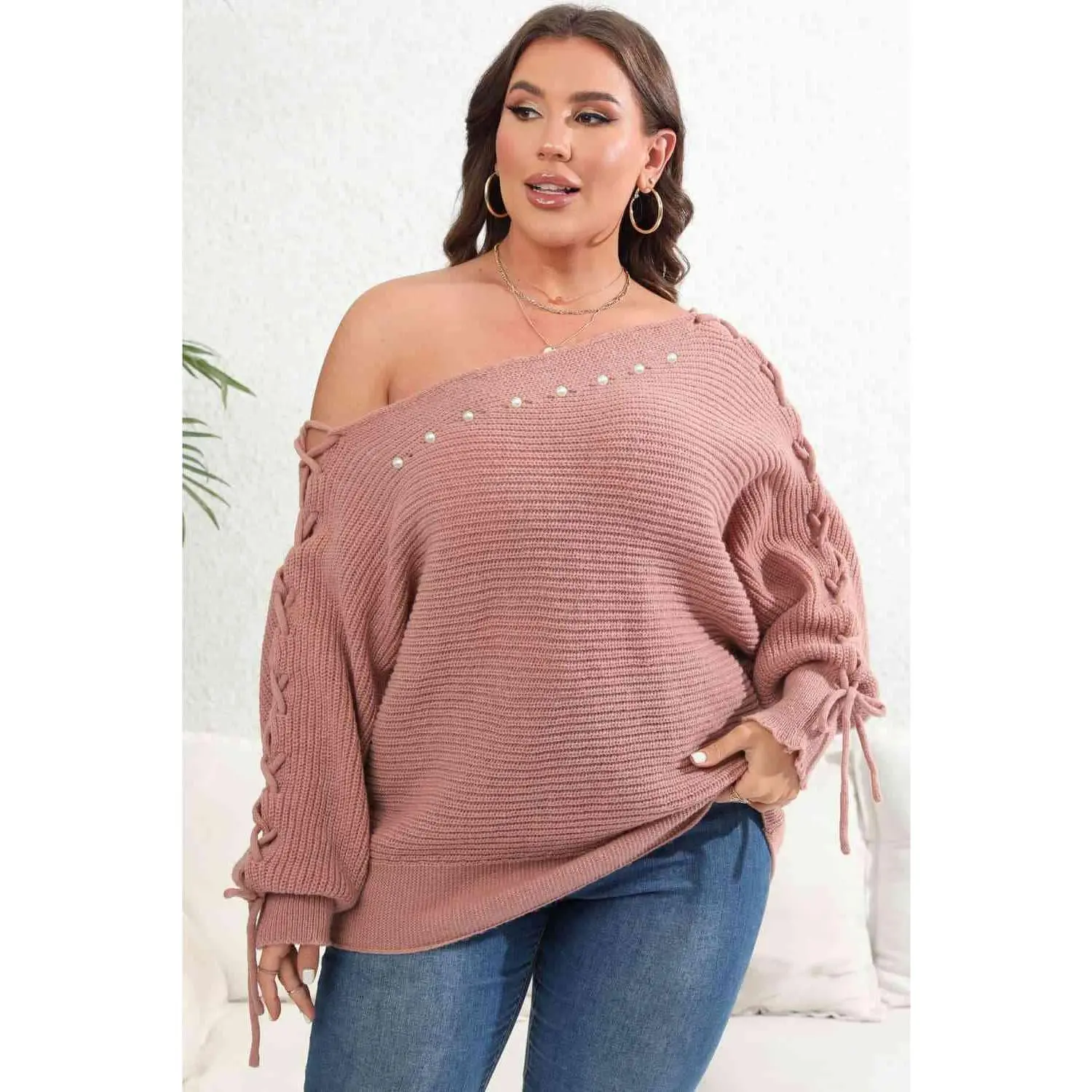 Plus Size One Shoulder Beaded Sweater