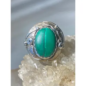Malachite ring size 10.25 Navajo leaves feathers southwest sterling silver women men