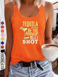 Summer New Fun Letter Print Tequila Tropical Style, Women's Casual Sporty Sleeveless Vest, Round Neck Top Strap Shirt, Tank Top