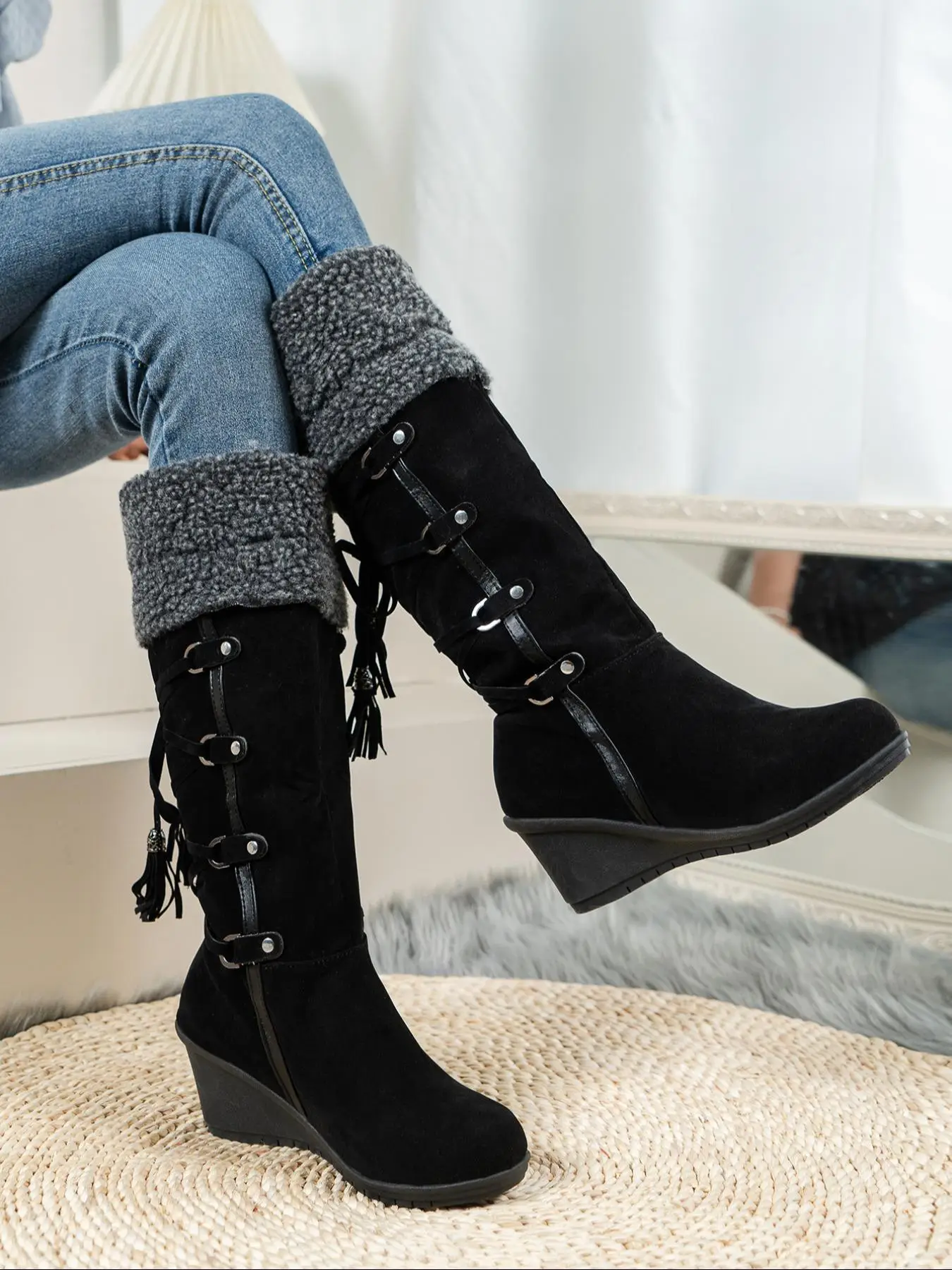 Women's Solid Color Tassel Design Mid-calf Boots, Warm Thermal Lined Wedge Heel Shoes for Fall & Winter, Buckle Decor Zipper Snow Boots