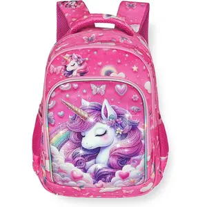 Pink Unicorn Girls Backpack Cute Kids School Bag for Elementary Toddler Kindergarten Preschool, Children's Bookbag Travel Back Pack With Chest Strap 15"