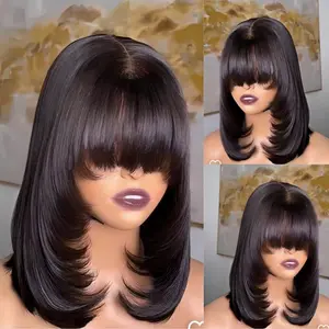 180 Density Wear and Go Short Black Bob Wigs With Bangs Human Hair Glueless 4x1 HD Lace Bob Wig Ready to Go Short Wigs For Women