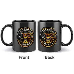 1pc 11oz Ceramic Mug, FNAF Mechanical Doll Theme Double-sided Printed Black Ceramic Mug with Handle, suitable for office, outdoor, sports, and home use. An ideal choice for coffee lovers, and a personalized gift for holidays/birthdays