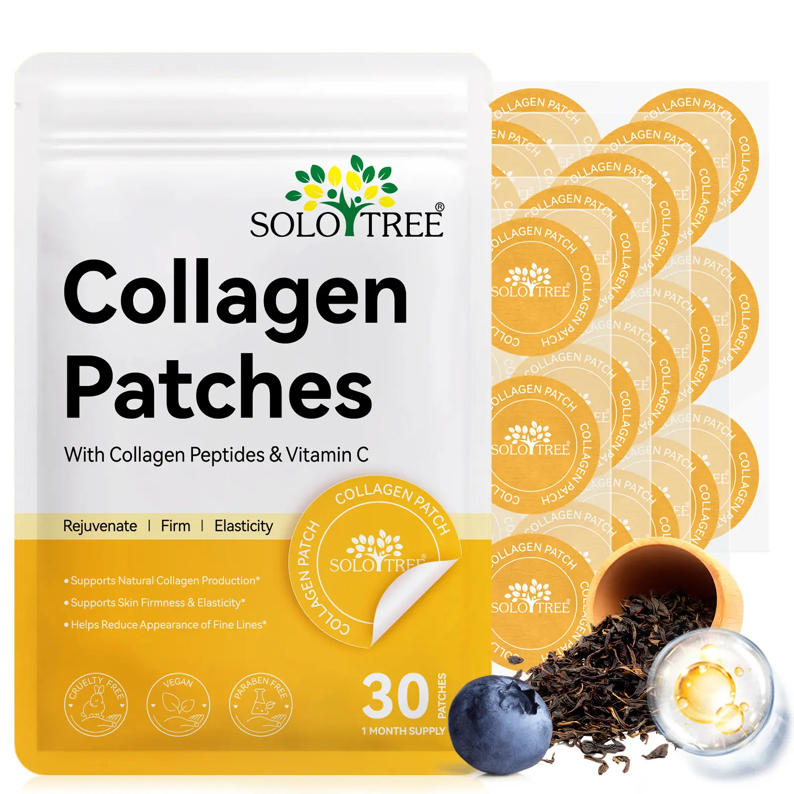 SOLOTREE Collagen Protein Patches 30P/Pack, Contains Collagen Peptide, Blueberry And Seaweed Extracts, Promotes Skin Elasticity And Helps Maintain Skin Firmness.