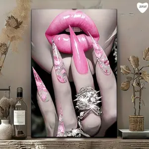 1 2D Flat Art Canvas Print Poster - Fashion Theme Dreamy Pink Lips and Nails, Modern Wall Decoration, Dopamine Decor, Suitable for Office, Bar, Bedroom, Living Room, Fashion Home Decoration Gift, Christmas Decoration