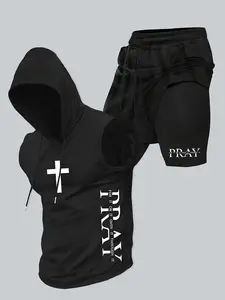 Men's Fitness Two-Piece Set, Pray Slogan Cross Print Design, Hardcore Style for Gym Training and Daily Wear