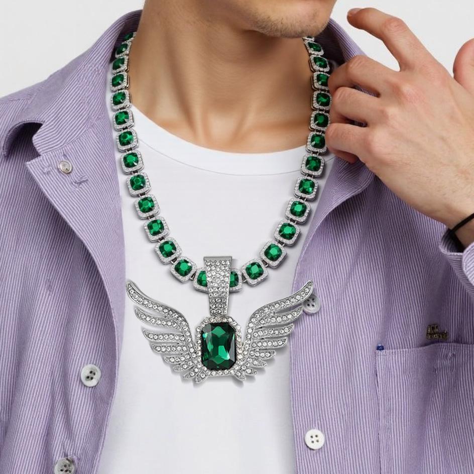 Angel Wing Pendant with Green Square Tennis Chain Sliver Gold Plated Baguette Chain Clustered Diamond Tennis Necklace Bracelet Hip Hop Jewelry for Men Women Birthday Wedding Gifts