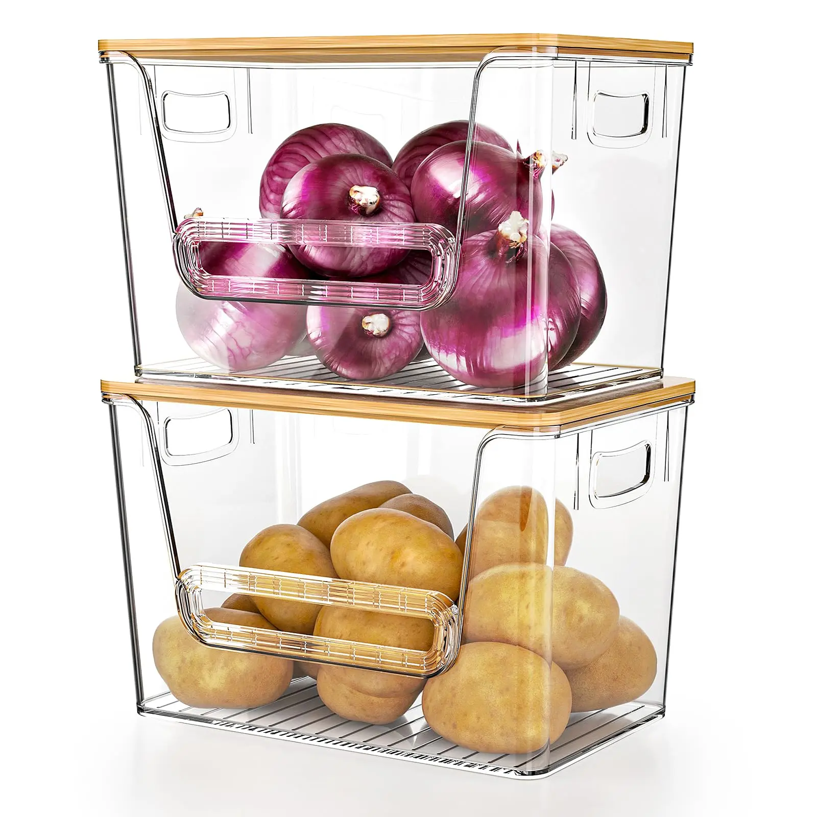 2 Pack Clear Pantry Organizers and Storage, Trash Bag Holder Under Sink Organizer for 4-13 Gal Bags, Trash Bag Dispenser with Bamboo Top for Onion, Potato, Garlic,dorm essentials,home decor