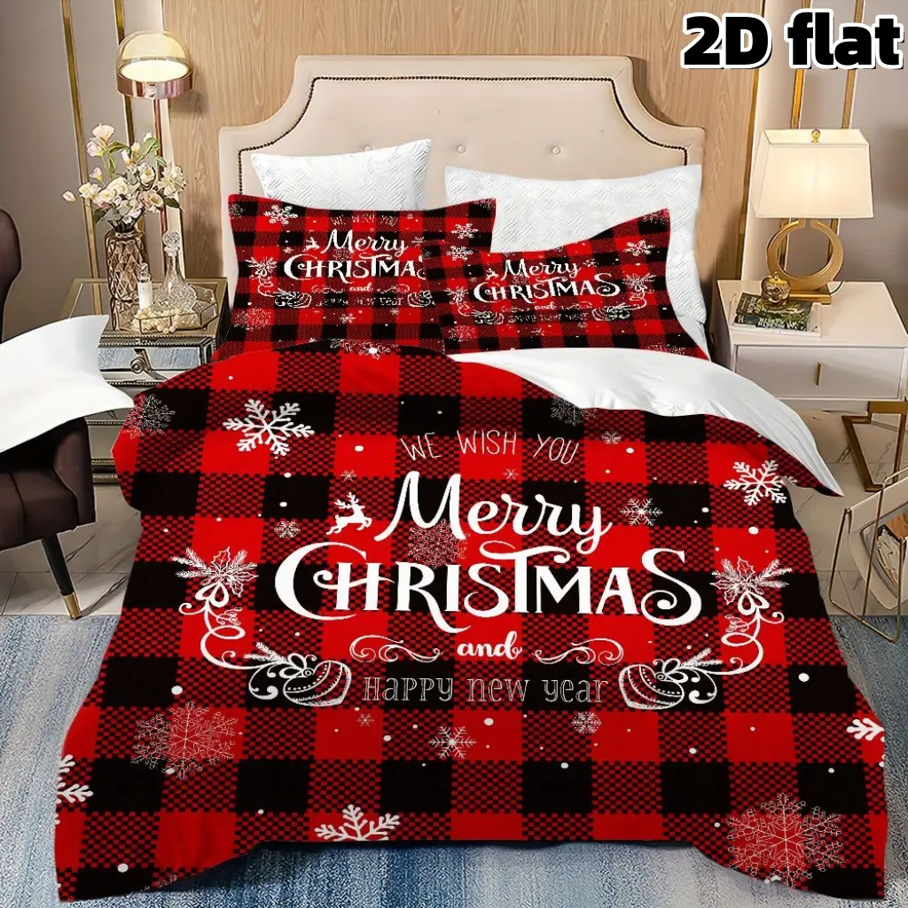 2D Flat 3Pcs Buffalo Plaid Christmas Bedding , Red Black Check Merry Christmas Duvet Cover with Pillowcases, Snowflake Pattern Microfiber Bedding Sets, Decorative Bedding Set for Winter Holiday Home Decoration, Christmas Gift