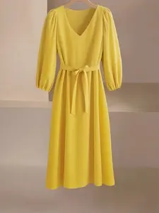 Elegant V Neck Long Sleeve Dress, Slimming Mid-Length Commuter Casual Wear Soft Pure Color Woven Women's Fashion
