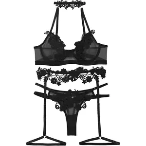 Sexy Cute Applique Embroidered Underwire Push Up Garter Belt Chocker Lingerie Set