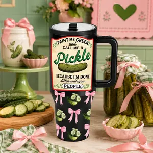 1 Pc 40oz Insulated Mug, Leak-Proof, Double Wall, Thermal Travel Mug, Funny Pickle Design, Cute Pink Bow, Paint Me Green, Call Me a Pickle, Hot & Cold Drinks, 12 Hours Hot, 24 Hours Cold, Gift Idea for Women & Men, Perfect for Picnic & Holiday, Funny Gift
