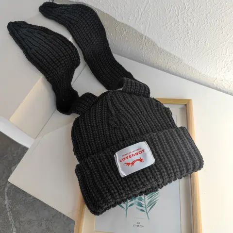 Korean Style Cute Bunny Long Ears Reverse Knitted Beanies Hat for Women, LOVERBOY Casual Y2K Soft Comfortable Funny Hats,Winter Warm Thickened Ear Protection Cold Weather Beanie Fashionable Autumn Durable