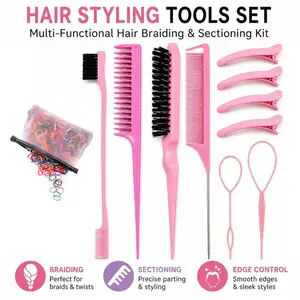 Hair Styling Tools Set, Multi-Functional Hair Braiding & Sectioning Kit with Edge Brush, Rat Tail Comb, Hair Clips, Loop Styling Tools & Mist Spray Bottle for Salon, Home, Barber & Women Hair Styling Accessories