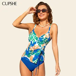 CUPSHE TikTokShopSpringGlowUp Island Girl Tropical Diamond Neckline Adjustable Straps Swimsuit Tankini Set Swimwear