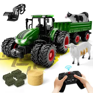 Remote Control Tractor Toy, Kids Remote Control Tractor Set & Truck & Trailer Front Loader - Metal Head/8 Wheels/Light, Toddler Farm Vehicle Toy Suitable for Birthday Gifts for Boys and Girls Aged 3-12+