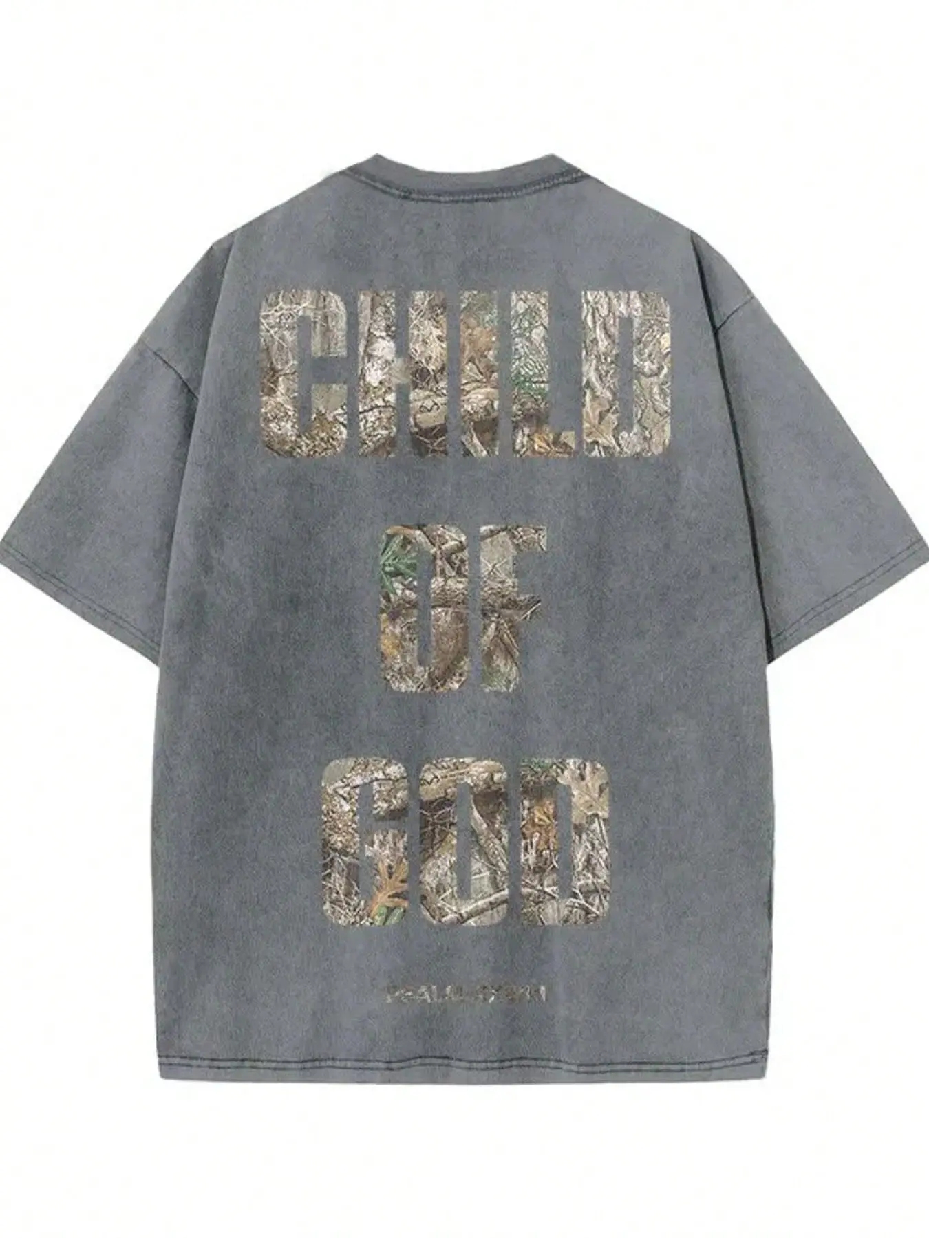 Vintage Washed Gray Child Of God Realtree Camo Letter Christian T-Shirt, Oversized Cotton Crewneck, Forest Camouflage Fill Faith Text Outdoor Religious Streetwear Gift For Men