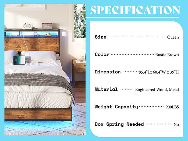 AMERLIFE Floating Bed Frame with 2-Tier Storage Headboard, Metal Bed Frame with Charging Station & LED Lights, No Box Spring Needed