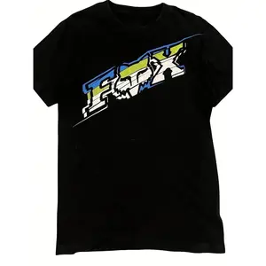 Fox Racing Theme Short Sleeve T-Shirt, Menswear, Round Neck, Trendy Casual Streetwear Graphic Print and Contrast Design, Comfortable Cotton Fabric for Racing Culture Enthusiasts