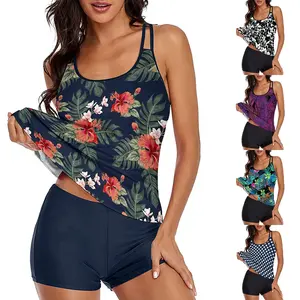 Women’s Two Piece Bikini Set Fashion Printing Suspender Tops and Solid Color High Waist Shorts