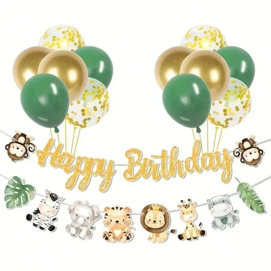 Jungle Animal Theme Banner Background Set, Perfect for Boy's Birthday Party, Happy Birthday Decorations, Kids' Celebration Decorations, Fun and Vibrant Design, Jungle Backdrop
