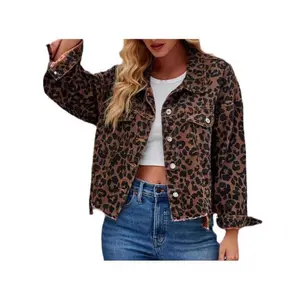 Women's Leopard Print Denim Jacket - Oversized Crop Style, Button - Up Design with Frayed Hem
