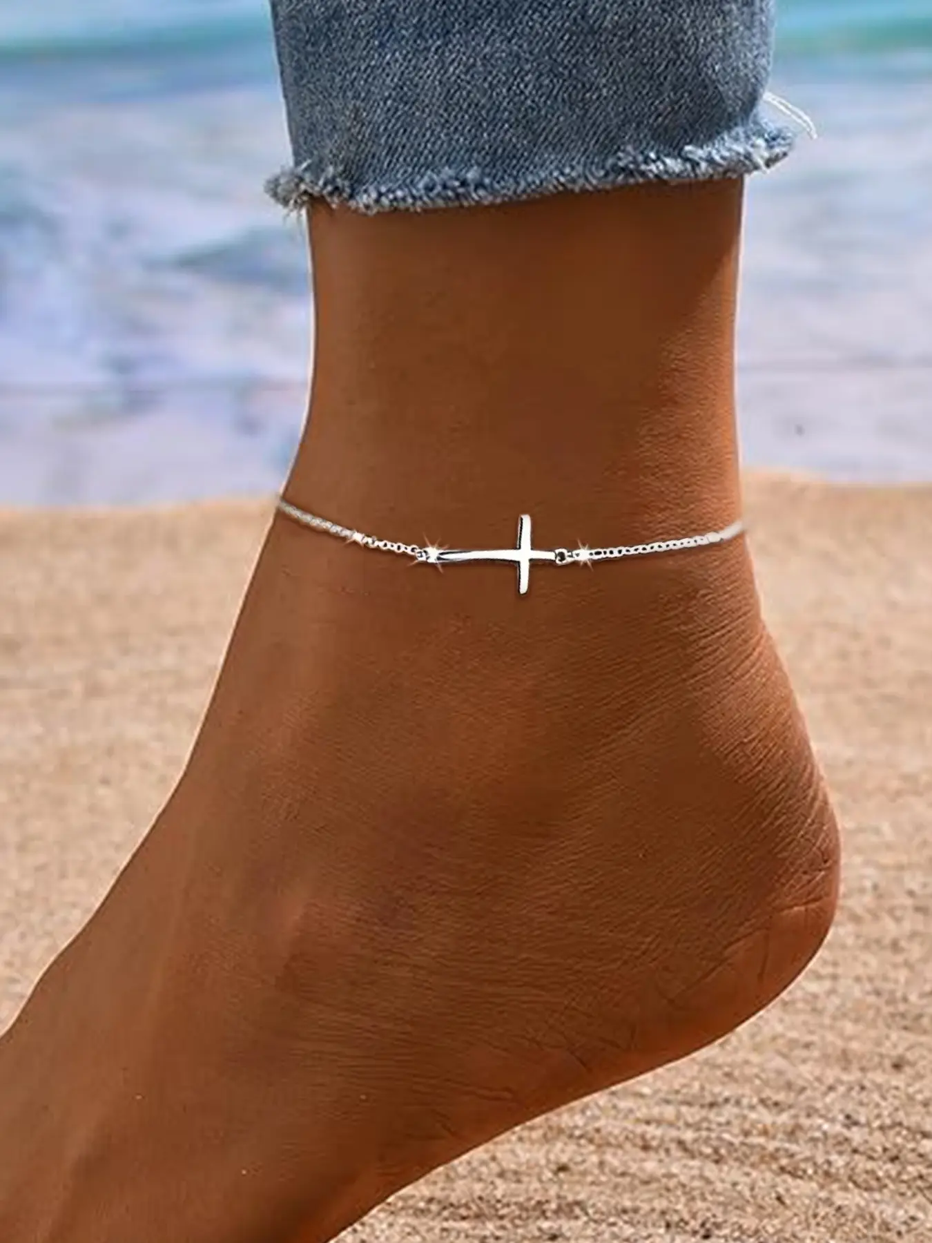 925 Silver Color Minimalist Cross Design Anklet, Ankle Bracelets, Foot Jewelry, Trendy Women's and Girls' Fashion Jewelry, Stylish Birthday Gift for Jesus Lovers