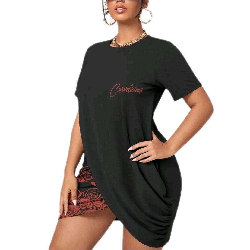Love Me Ruched Tee Dress - Black Short Sleeve Crew Neck with "Carvelicious" Text Design for Women
