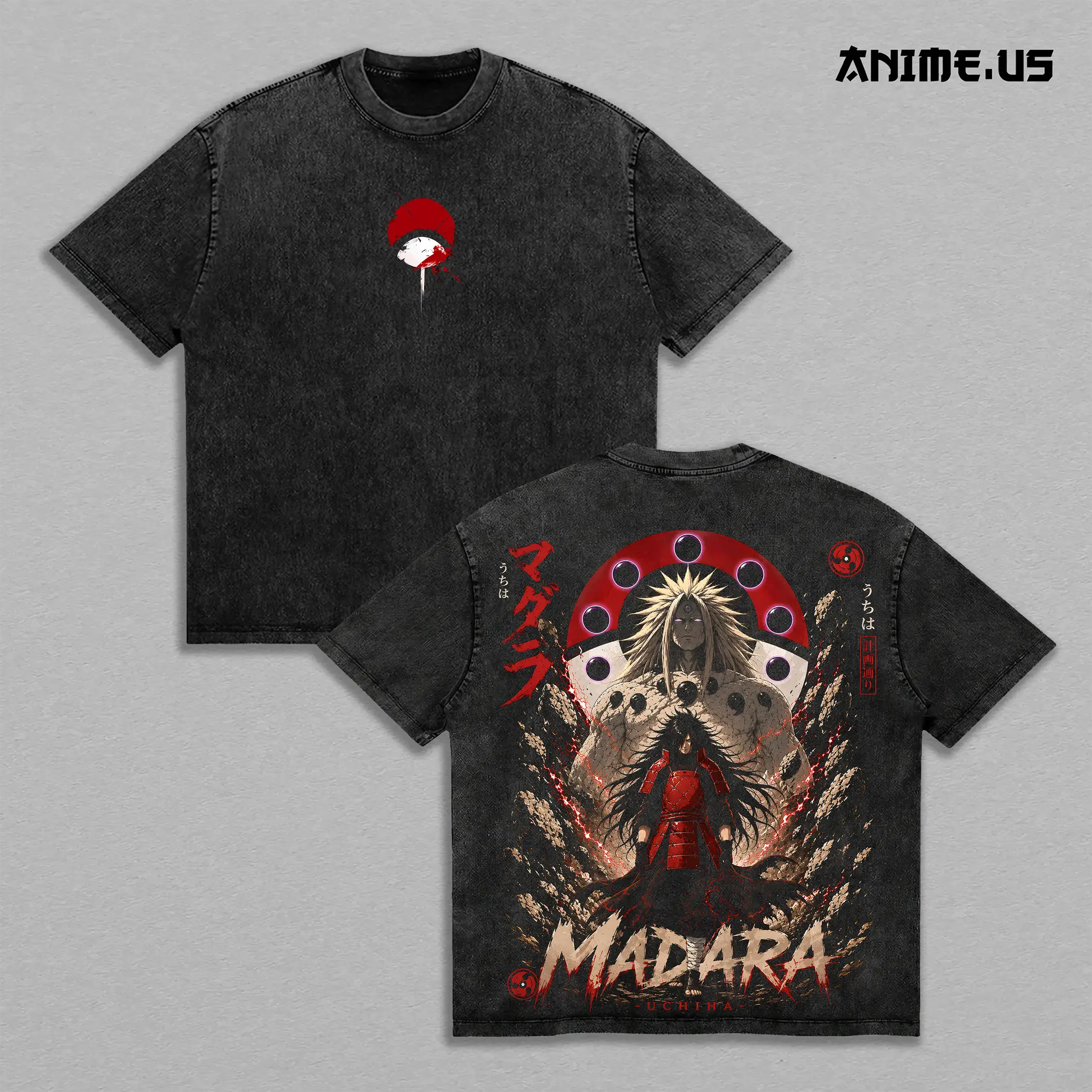 Men's 6 Paths Madara Uchiha Naruto Shippuden Vintage Washed Oversized Graphic Tee - Heavyweight Cotton Casual Classic Seamless Short-Sleeve Anime Streetwear Tops, Shortsleeve